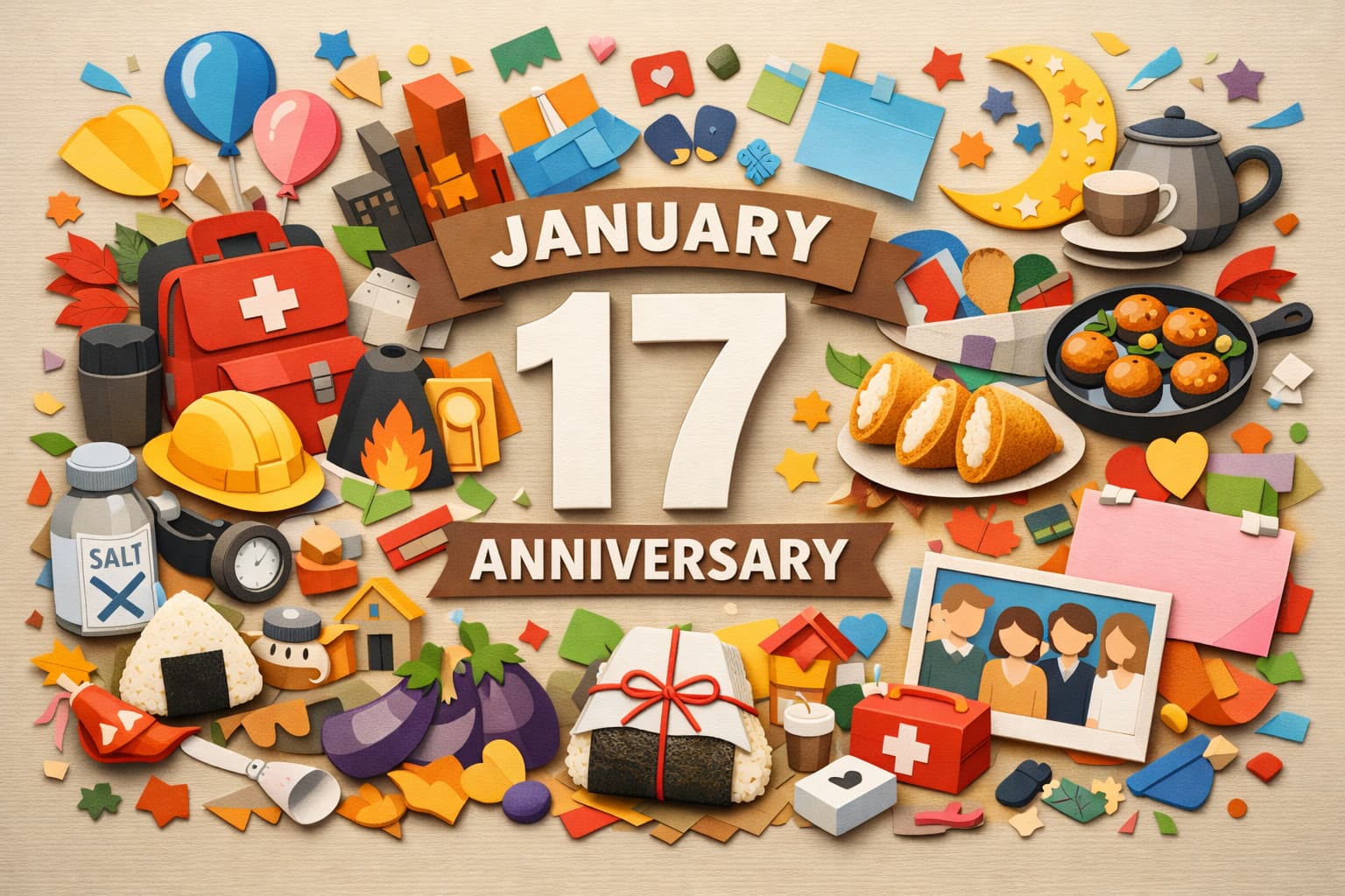 1月17日は何の日｜防災とボランティアの日・ひょうご安全の日・おむすびの日・減塩の日・同窓会の日など主な記念日 * What Day Is January 17? Major Anniversaries in Japan