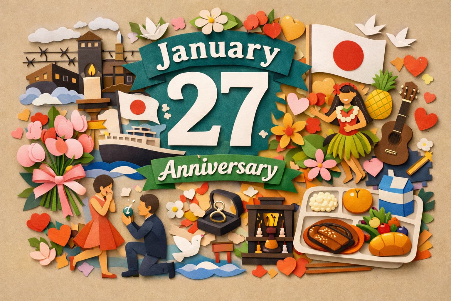 1月27日の記念日（ホロコースト犠牲者を想起する国際デー、国旗制定記念日、求婚の日、ハワイ移民出発の日、全国学校給食週間）をわかりやすく紹介
