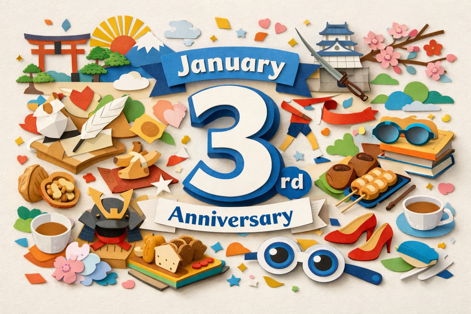 1月3日は何の日かを解説するブログのサムネイル。元始祭、箱根駅伝、ひとみの日、駆け落ちの日など1月3日の主な記念日と日本の文化・歴史をイメージ