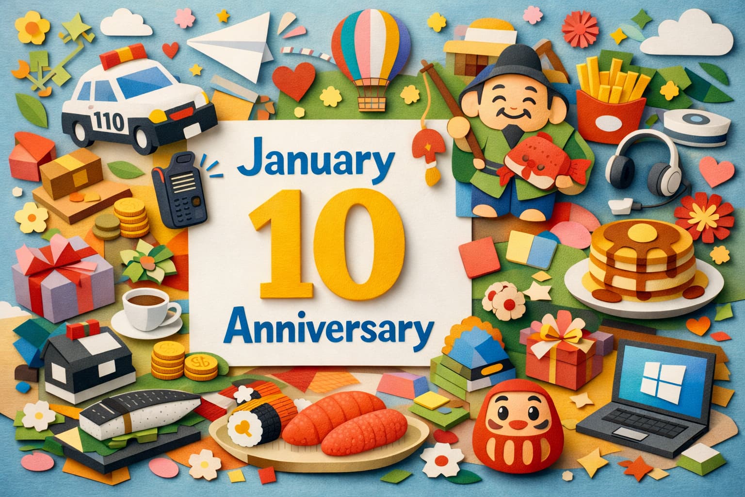 1月10日は何の日かを解説するブログ記事用イメージ。110番の日、十日戎、明太子の日、パンケーキの日など1月10日の主な記念日をまとめた内容