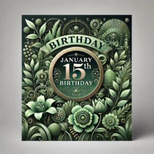 緑色を基調にした1月15日誕生日の美しいデザインカード。自然のモチーフと「January 15th Birthday」の英語テキストが印象的なバースデーカードです。