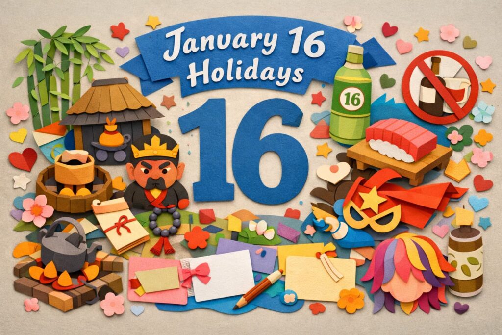 1月16日は何の日かを解説する記念日ブログのビジュアル。薮入り、禁酒の日、囲炉裏の日、閻魔参りなど日本の伝統と暮らしに関わる記念日をまとめた内容