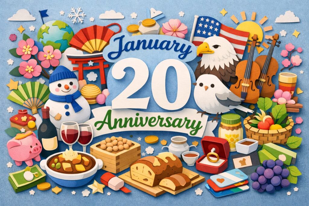1月20日は何の日かを伝える、大寒や二十日正月、玉の輿の日など日本の季節行事と記念日をまとめたビジュアル