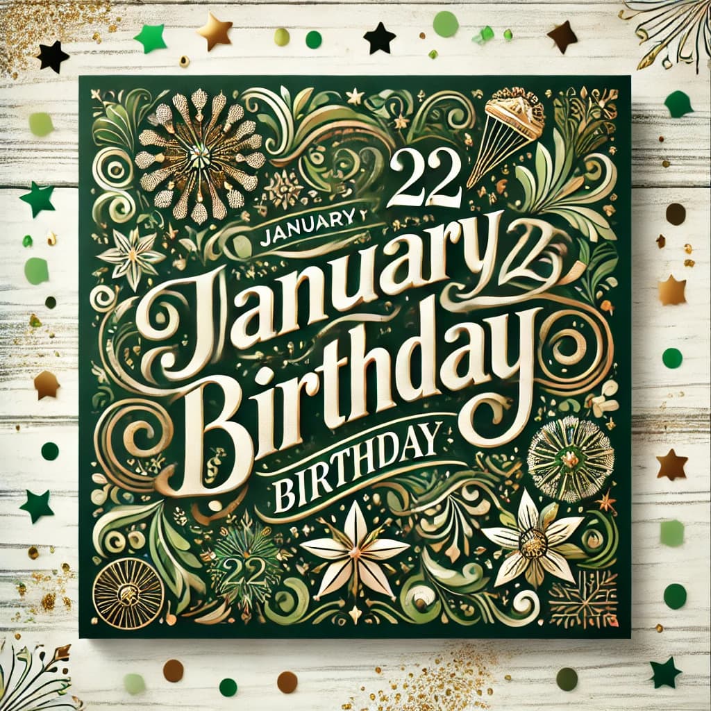 1月22日の誕生日を祝うための、緑色を基調にした美しいデザインのバースデーカード。「January 22 Birthday」の文字が記されています。