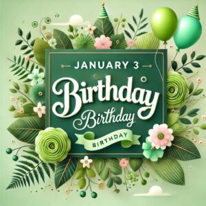 1月3日生まれの誕生日を祝うための緑色を基調とした美しいデザインの誕生日カード。華やかな花や風船で装飾され、英語で『January 3 Birthday』と書かれています。