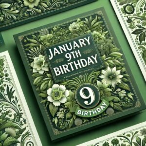 1月9日生まれの誕生日を祝うために、緑を基調とした美しいデザインの誕生日カード。装飾的な花や葉、英語で「January 9th Birthday」の文字が描かれています。