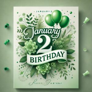 「1月2日 誕生日」をテーマにした、美しい緑色を基調とした誕生日カード。風船や花、コンフェッティが華やかに飾られたデザイン。