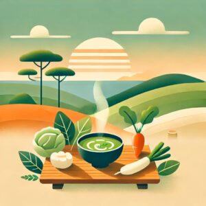 鎌倉の自然を背景に、収穫したばかりの新鮮な野菜と味噌汁が並ぶ温かみのあるイラスト