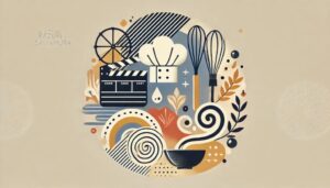 沢村一樹に関するブログ記事のイメージを抽象的に表現したフラットイラスト。映画と料理のテーマが融合したデザインで、映画のクランクインやシェフの帽子が描かれた温かい配色。