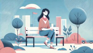 洋服を着た女性が公園でリラックスする様子を描いたモダンなフラットスタイルのイラスト。