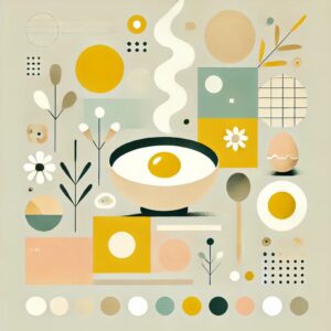 松屋の新モーニング「とろっとたまご丼」をイメージした抽象的なフラットイラスト。卵や器が温かみのあるデザインで、軽くてシンプルな朝食のイメージを表現。