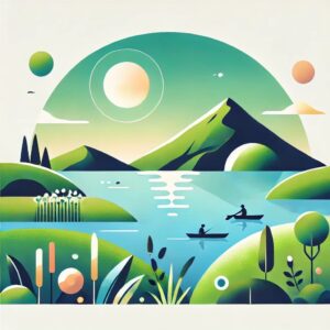 ニュージーランドの自然をイメージした抽象的なフラットイラスト。湖、緑豊かな丘、山のシルエット、太陽が特徴的で、リラックスと冒険を象徴するデザイン。