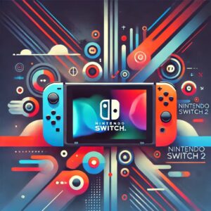 Nintendo Switch 2をテーマにした抽象的で未来的なフラットイラスト。ゲーム機やコントローラー、スクリーンを彷彿とさせる形状と躍動感のある背景が特徴。