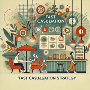 サイゼリヤのファストカジュアル化戦略を表現した抽象的なフラットイラスト、モダンなレストランの内装と多様な顧客が描かれている