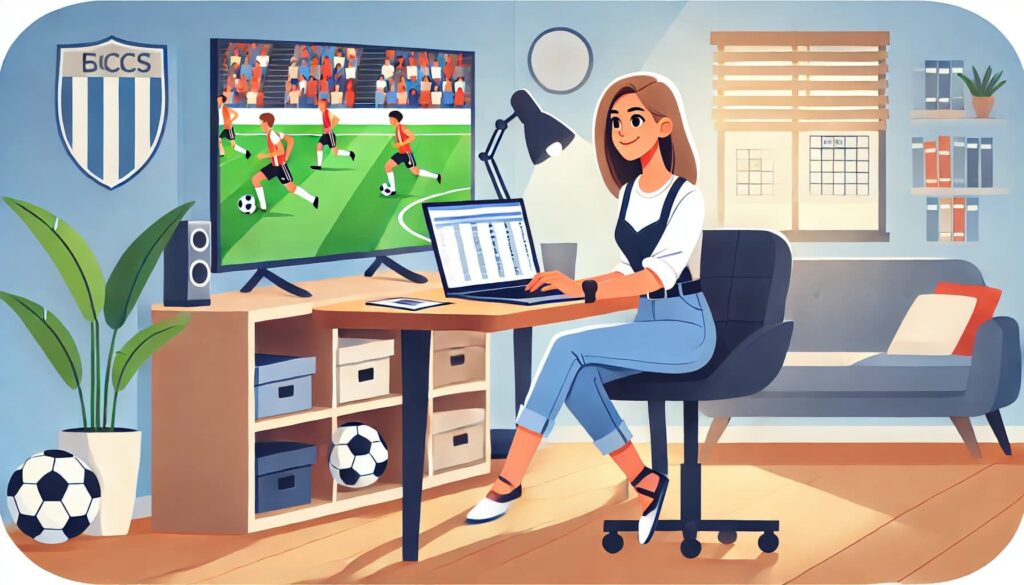 サッカー観戦費用を副業でまかないながら家庭と両立する女性のイラスト。自宅のデスクでノートパソコンを操作し、背景にサッカーの試合が映るテレビがある。