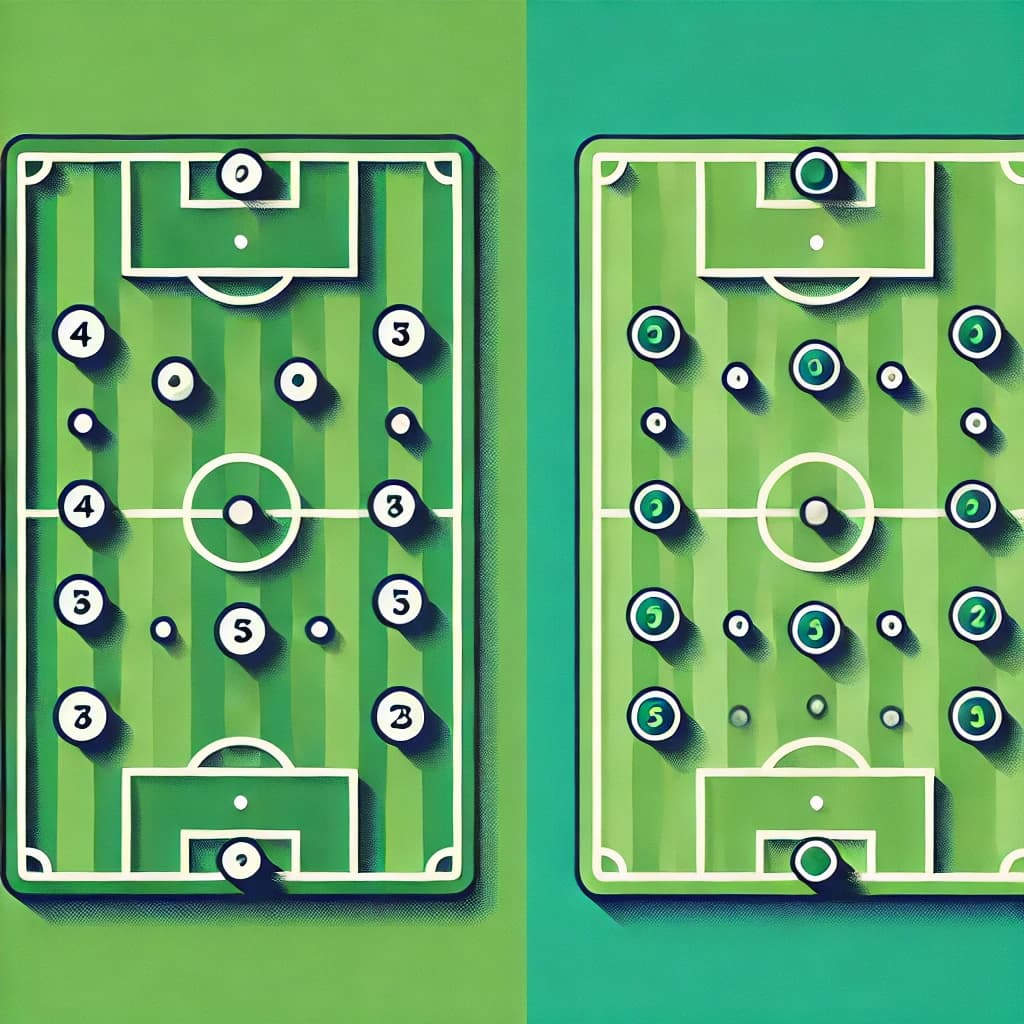 サッカーのフォーメーション「4-3-3」と「5-3-2」を比較したデフォルメされたフラットデザインのイラスト。2つのサッカーグラウンドが描かれ、それぞれのフォーメーション配置を示しています。