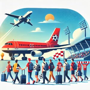 サッカー観戦のための節約旅行のイラスト。サッカーファンが低コスト航空会社の飛行機に搭乗する場面を描いたフラットイラストで、空とスタジアムが背景にある。