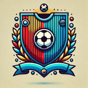 サッカークラブのエンブレムをフラットでデフォルメしたデザイン。シールド、サッカーボール、月桂樹が含まれるカラフルでシンボリックなイラスト。
