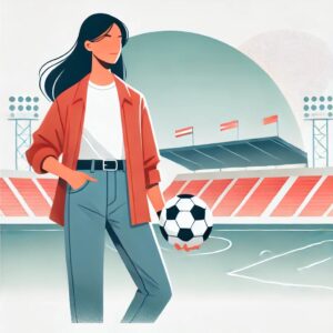 サッカー観戦を楽しむための副業と節約術を紹介するブログ用イラスト。スタジアムを背景にカジュアルな洋服を着た女性がサッカーボールを持っているシーンを描写。