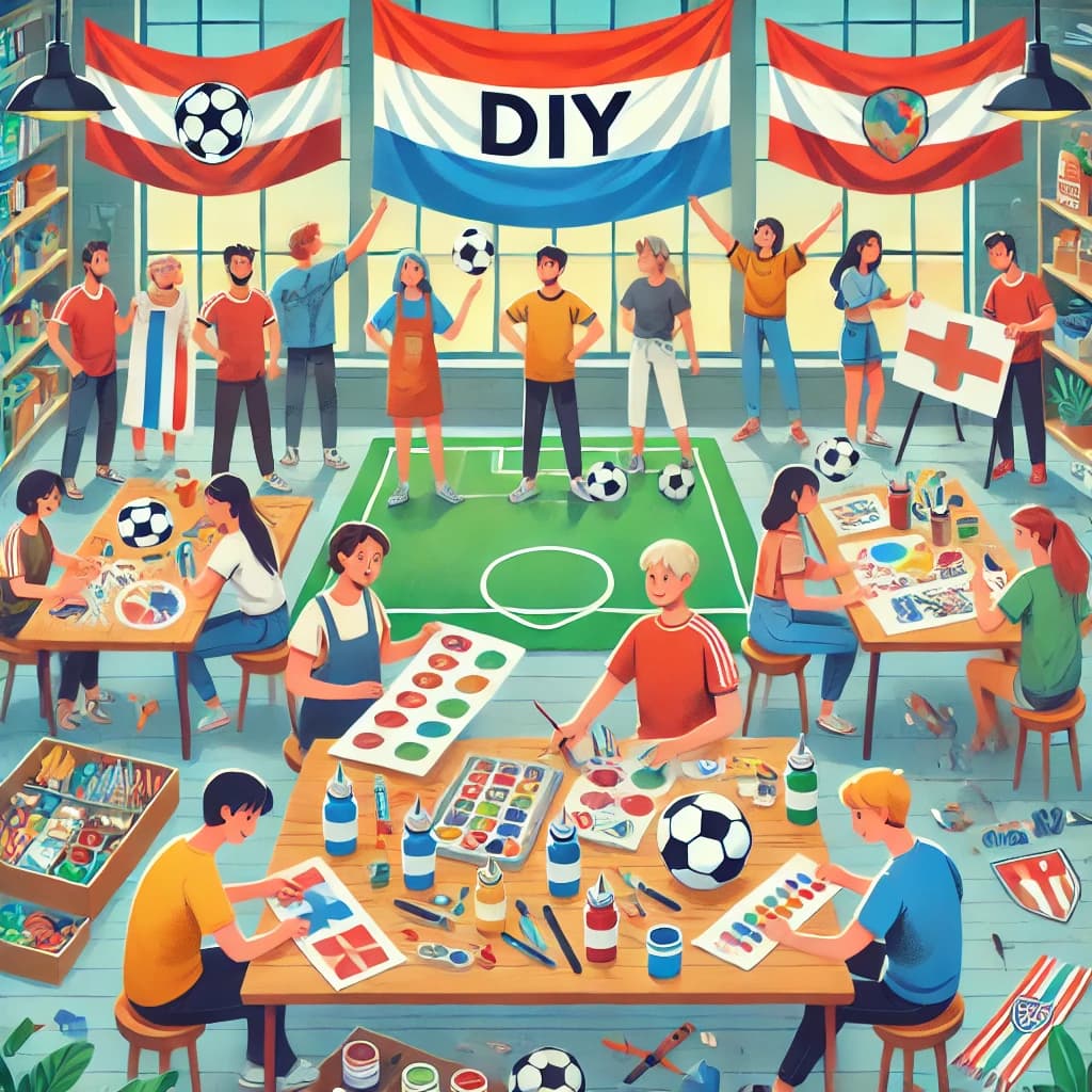 サッカーファンが応援グッズをDIYで作成する様子。手作りの旗やタオルマフラーを作る人々の楽しそうな雰囲気が描かれたイラスト。