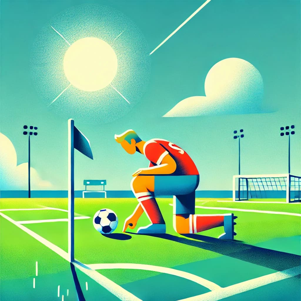 試合前にサッカー選手が芝生を確認している様子を描いたイラスト