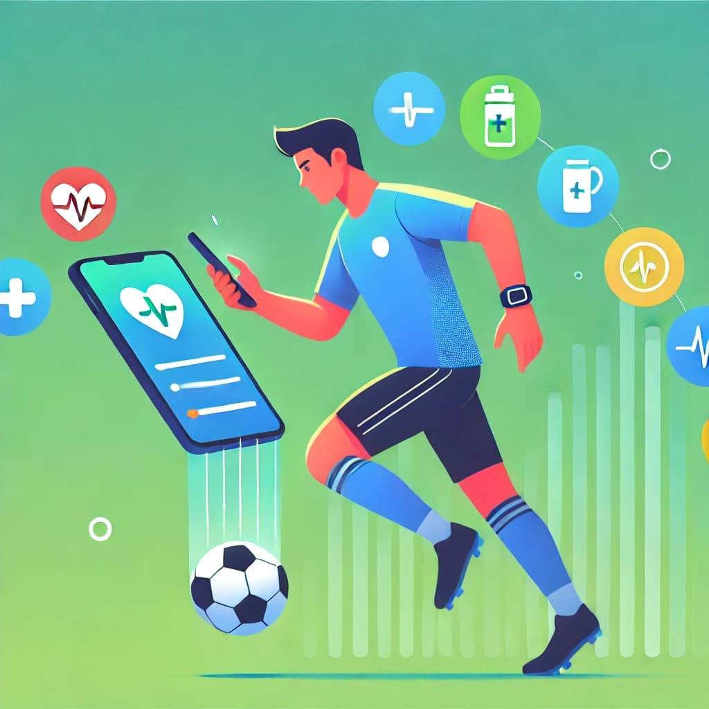 スマートフォンを使って健康管理アプリを操作するサッカー選手のイラスト。背景に心拍数や睡眠トラッカーのアイコンが浮かんでいる。