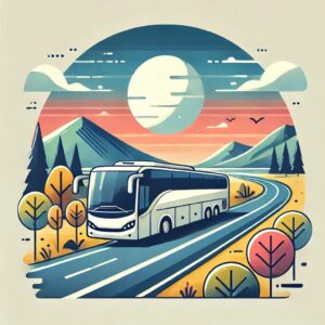 高速バスが風景豊かな高速道路を走行しているイラスト。サッカー観戦の移動を節約するための快適な旅を象徴。