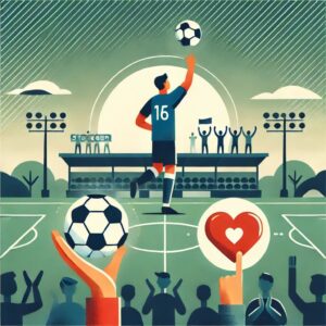 サッカー選手とファンが交流する様子を描いたフラットなデザインイラスト。選手が観客に手を振り、心のつながりを象徴するサッカーボールとハートが描かれたシーン。