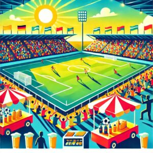 サッカースタジアムで試合中に観戦する観客と選手たちの様子、背景に飲食ブースが見える賑やかなスタジアムの風景を描いたフラットイラスト