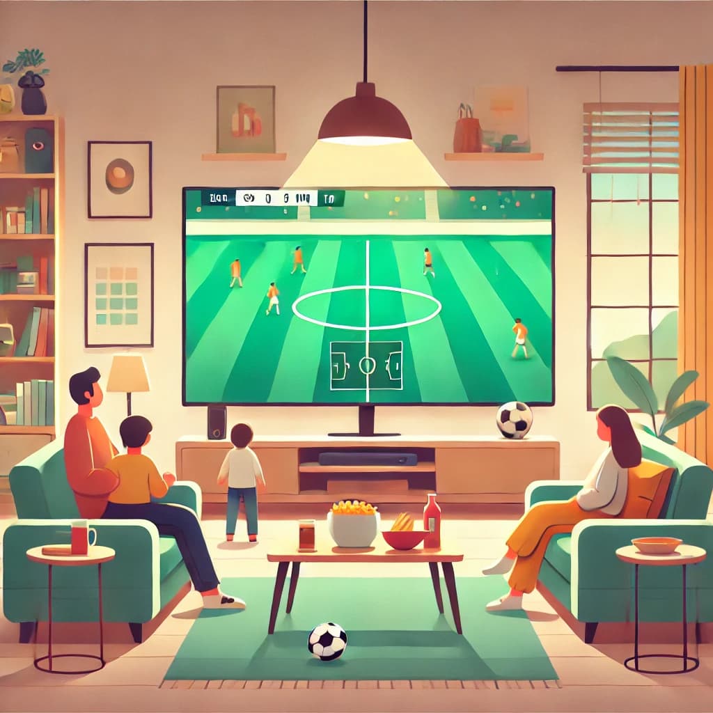 リビングで家族がサッカー観戦を楽しむ様子を描いたフラットイラスト。テレビ画面にサッカー試合が映し出され、家族がくつろいでいるシーン。