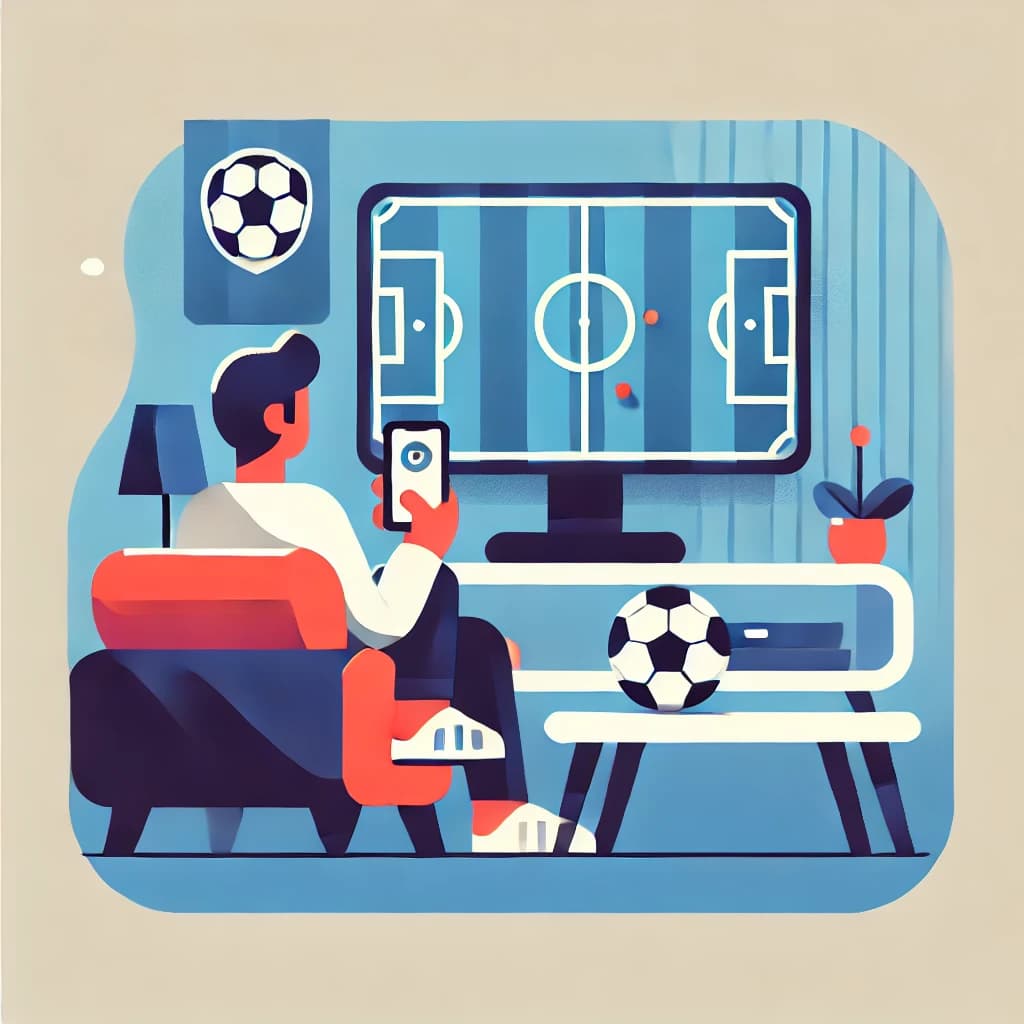 サッカーの試合を観戦しながらスマートフォンで専門用語を調べる様子を表現したイラスト