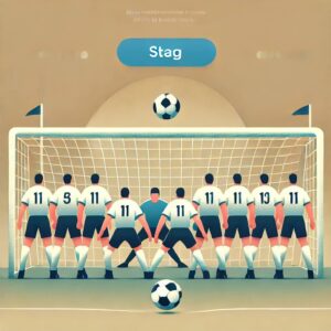 サッカーのフリーキック時に配置された壁を描いたフラットなイラスト。戦術的配置が強調されたデザインで、ゴール前に立つ選手たちの連携が描かれています。