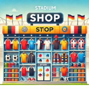 スタジアム公式ショップで販売されているグッズが並ぶ棚のイラスト。ジャージ、マフラー、キャップなどのスポーツグッズが整然と陳列されているスタジアムの雰囲気を表現した画像。