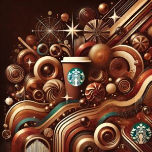 スターバックスのバレンタイン2025限定メニューをイメージした抽象的なフラットイラスト。チョコレートカラーや金の輝きが華やかさを演出。