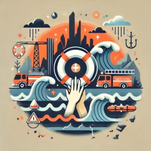 台湾南部で発生したM6.4地震の影響と復興を表現した抽象的なフラットイラスト。地震波、裂けた地面、救助活動を象徴する要素が描かれ、希望を象徴する手やシールドも含む。