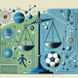 田中隼磨さんの名誉毀損訴訟に関する抽象的なイラスト、正義を象徴する天秤とサッカー要素を織り交ぜたデザイン