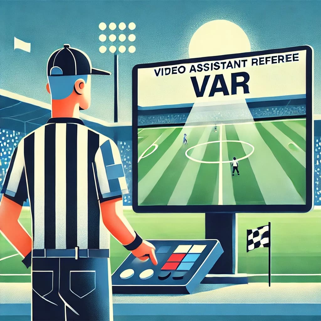 サッカーのVAR判定を確認する審判のデフォルメイラスト。スタジアム背景とモニターが描かれており、VAR判定の流れを表現しています。