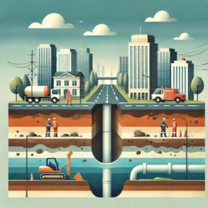 都市部のインフラ安全対策と陥没事故防止をイメージした抽象的なフラットイラスト。地中の管や道路、都市景観が描かれた構造図。