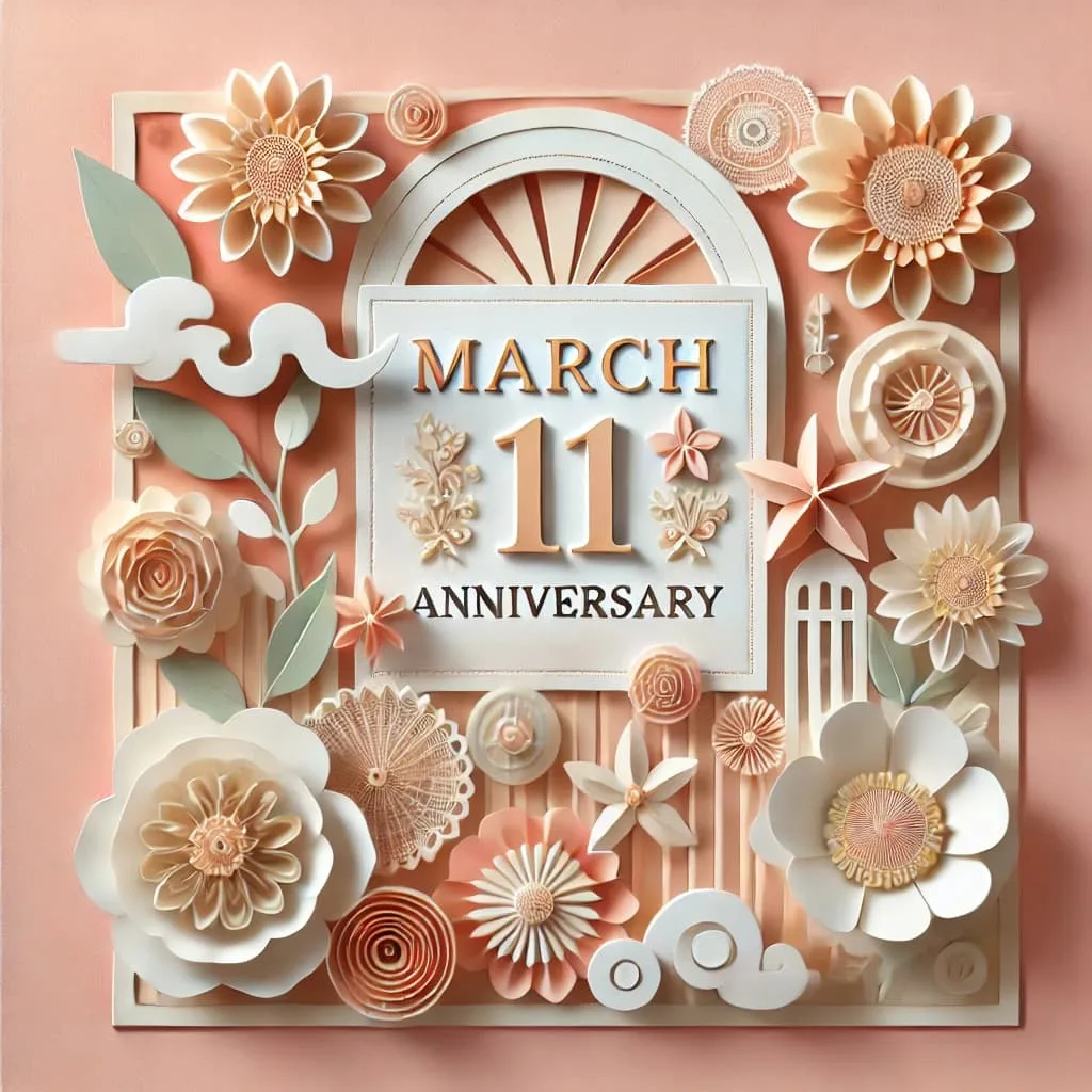 3月11日の記念日を象徴するペーパーアート。「March 11 Anniversary」のメッセージカードが中央にあり、美しい紙の花やパステルカラーの装飾が周囲を彩るデザイン。