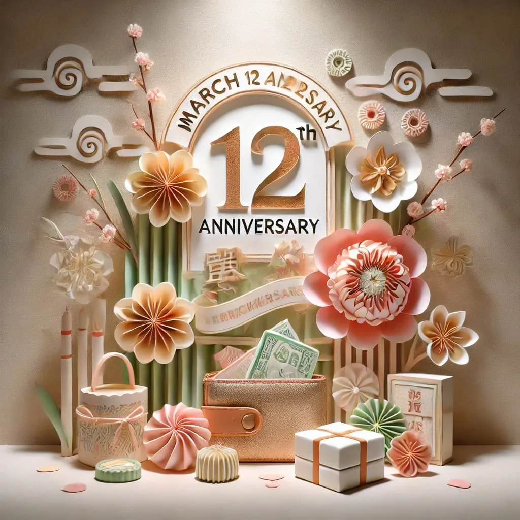 3月12日の記念日をテーマにしたペーパーアート。メッセージカードに「March 12 Anniversary」の英語表記があり、スイーツや財布、豆腐、花などのモチーフが美しくデザインされている。