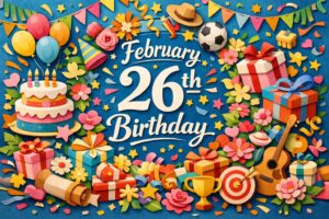 2月26日誕生日の芸能人・有名人一覧を華やかに表現したペーパーアート風デザイン（桑田佳祐・藤本美貴・クリスタル・ケイ・芥見下々・三浦知良）