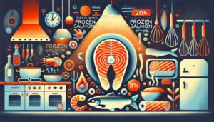 訳あり冷凍鮭と他の冷凍食品をレビューしたブログ記事に基づく抽象的なフラットイラスト。鮭の切り身、エビ、サバなどの海産物とキッチン用品が描かれている。