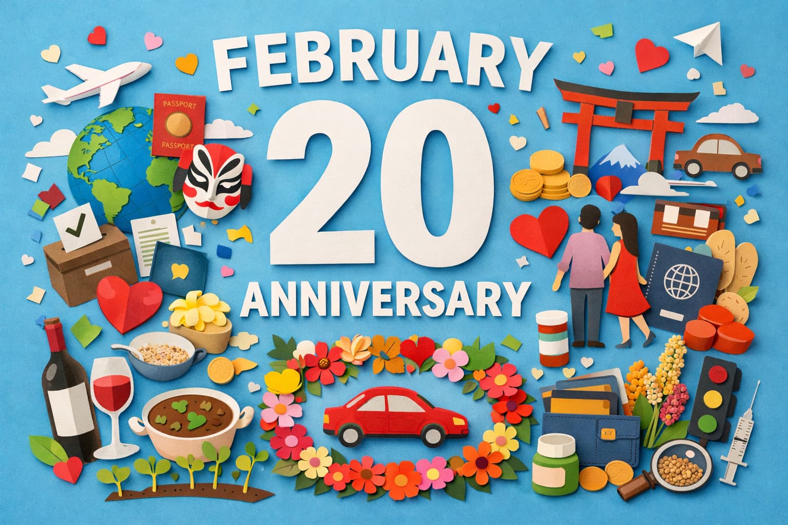 2月20日の記念日（世界社会正義の日・アレルギーの日・旅券の日・歌舞伎の日・夫婦円満の日）を象徴するカラフルなペーパーアート