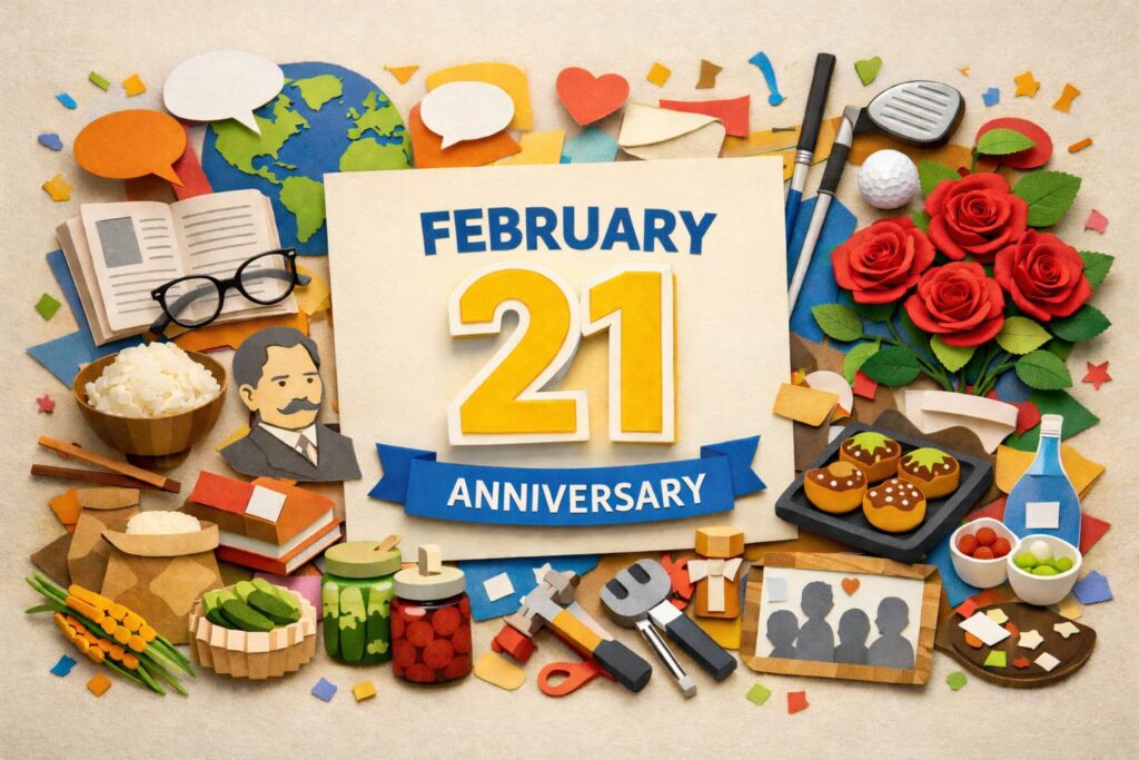 2月21日の記念日（国際母語デー、漱石の日、東京初の日刊新聞創刊日、食糧管理法公布記念日、漬物の日）を象徴するモチーフを集めたビジュアル