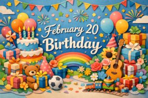 2月20日誕生日の芸能人・有名人一覧を華やかなデザインで表現したビジュアル