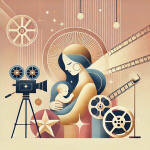ハリウッドの代理母出産を象徴する抽象的なフラットイラスト。母と子のシンボルと映画業界をイメージした要素が描かれている。