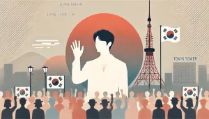 チョン・ヘインが日本のファンと交流する様子を象徴する抽象的なフラットイラスト。温かい雰囲気の中、東京タワーを背景に韓国俳優が手を振るイメージ