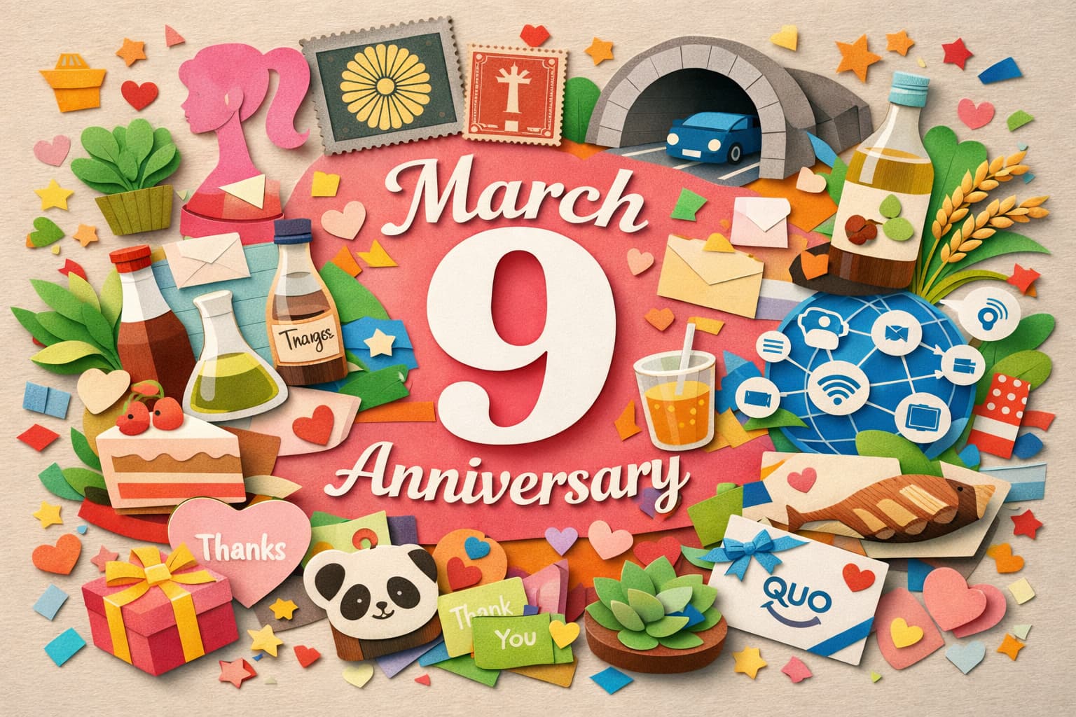 3月9日は何の日？記念切手記念日、関門国道トンネル開通記念日、酢酸の日、バービー人形の誕生日、3.9デイ（ありがとうを届ける日）を象徴するモチーフを集めたビジュアル
