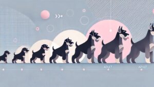 ミニチュアシュナウザーの成長過程を表す抽象的なフラットイラスト。子犬から成犬までの大きさの変化を示すシルエットが描かれている。