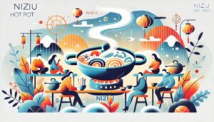 NiziUメンバーが鍋パーティーを楽しむ様子、カラフルな具材と笑顔があふれるシーン